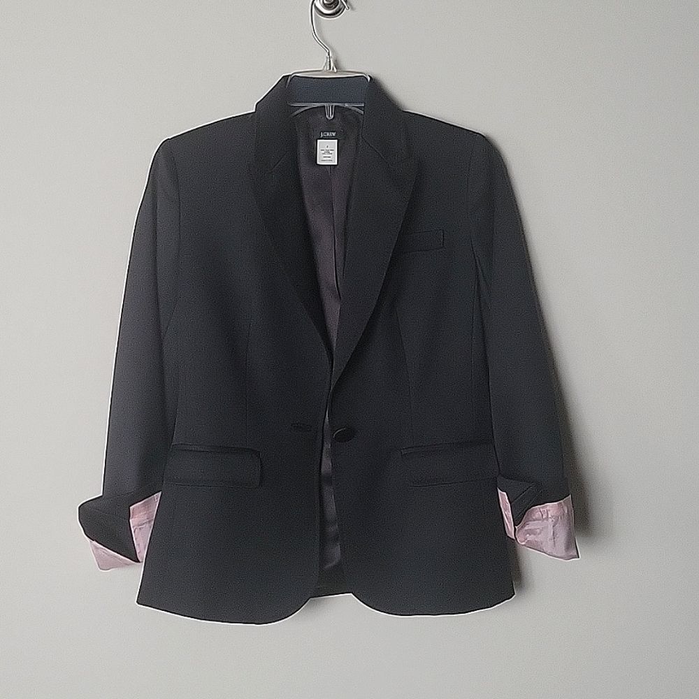 New J Crew Sz 2 Wool Black Blazer Jacket Academia Office Preppy Vtg Y2k Tuxedo